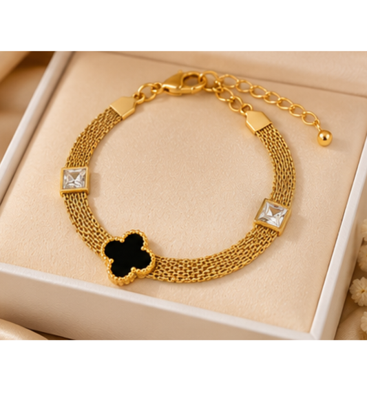 Black Clover Mesh Bracelet – Gold Tone Stainless Steel