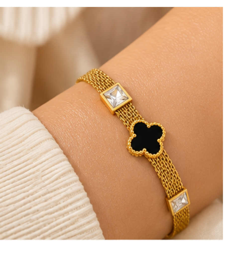 Black Clover Mesh Bracelet – Gold Tone Stainless Steel