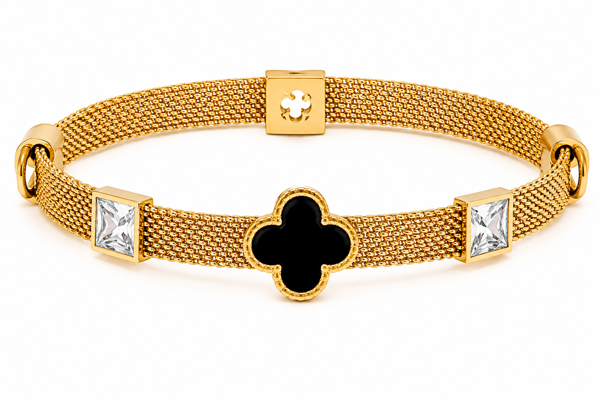Luxury Gold-Plated Clover Bracelet with Black Charm & Crystal Accents
