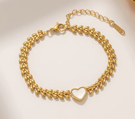 Purple Stone & Heart Chain Bracelet Set – Set of 2 Gold platted