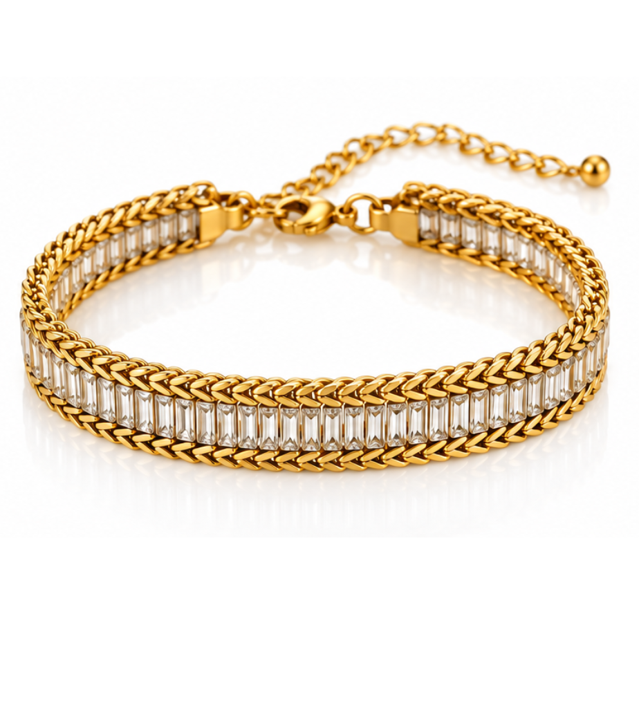 Gold Crystal Tennis Bracelet – Stainless Steel, Tarnish-Free