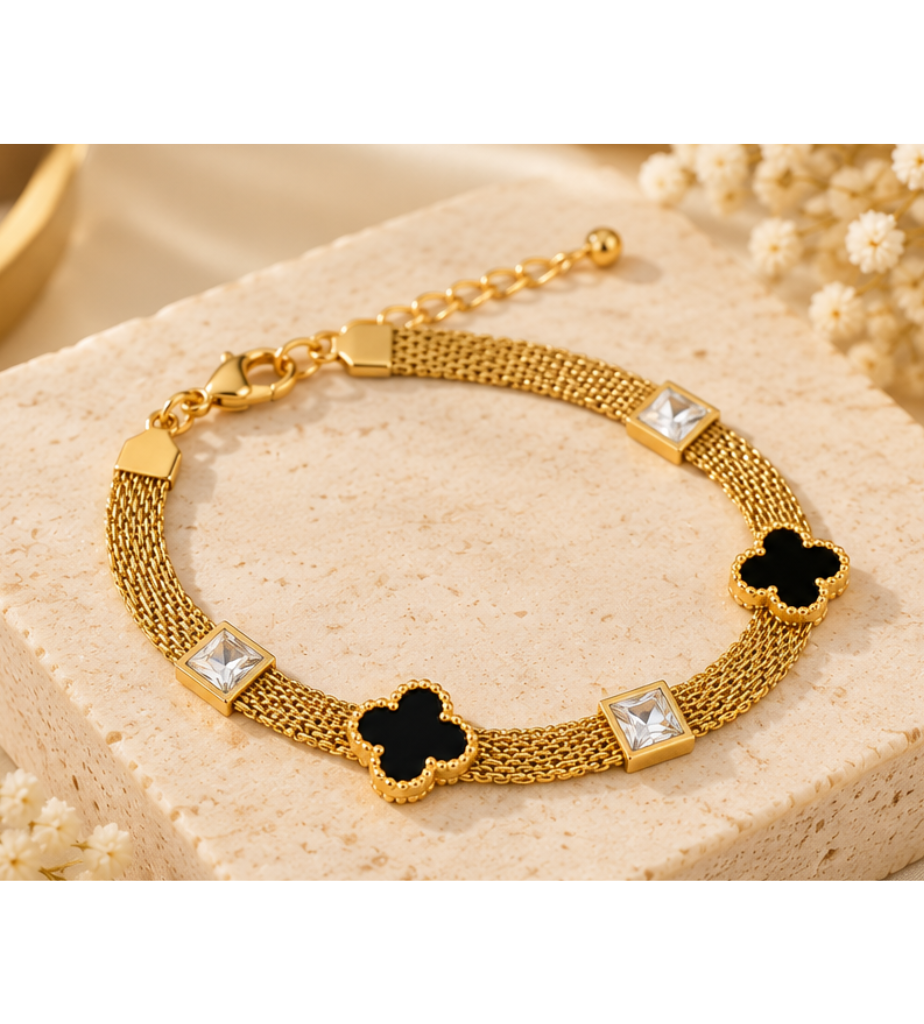 Black Clover Mesh Bracelet – Gold Tone Stainless Steel