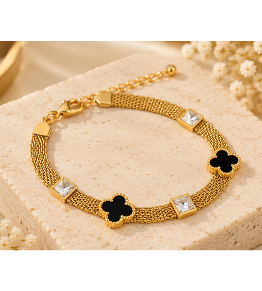 Black Clover Mesh Bracelet – Gold Tone Stainless Steel