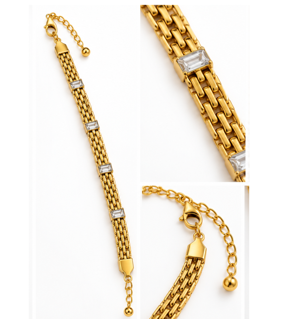 Gold Link Bracelet with Crystal Accents – Stainless Steel