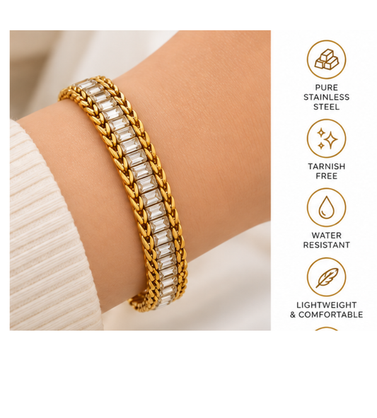 Gold Crystal Tennis Bracelet – Stainless Steel, Tarnish-Free