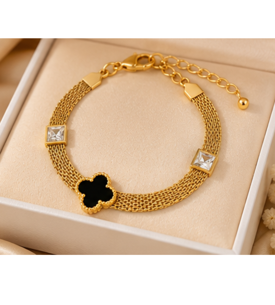 Black Clover Mesh Bracelet – Gold Tone Stainless Steel