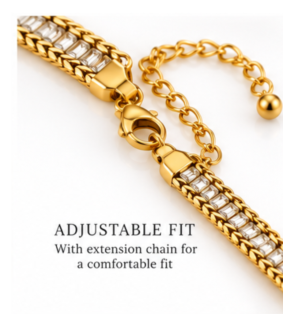 Gold Crystal Tennis Bracelet – Stainless Steel, Tarnish-Free