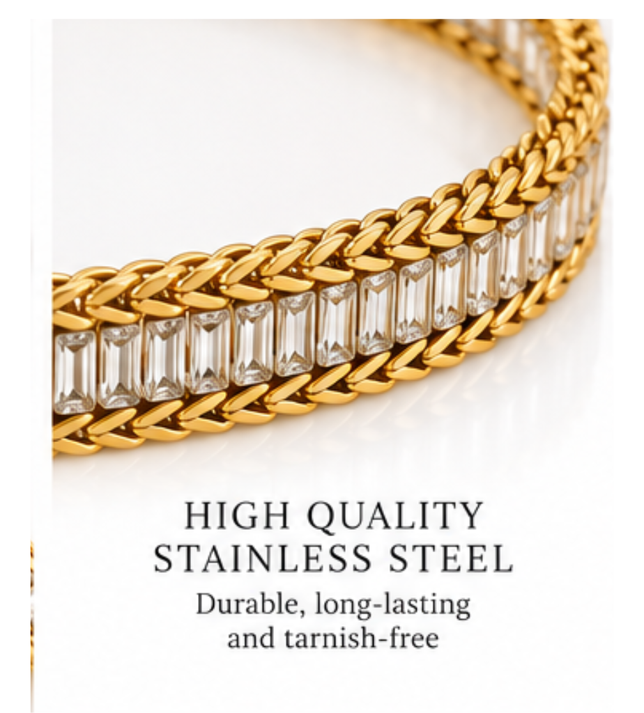 Gold Crystal Tennis Bracelet – Stainless Steel, Tarnish-Free