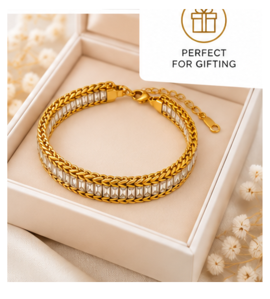 Gold Crystal Tennis Bracelet – Stainless Steel, Tarnish-Free