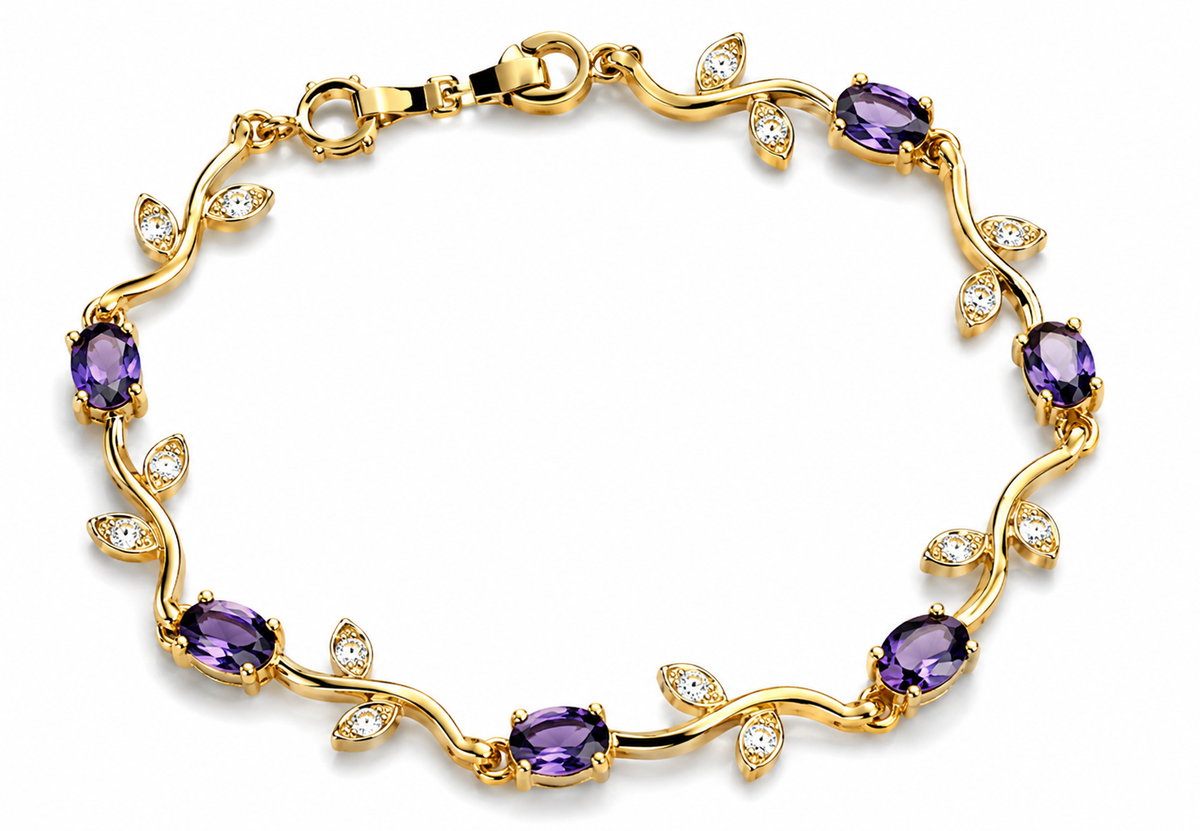 Purple Stone & Heart Chain Bracelet Set – Set of 2 Gold platted
