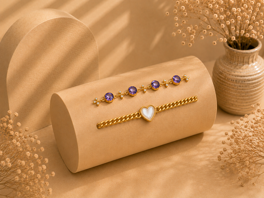 Purple Stone & Heart Chain Bracelet Set – Set of 2 Gold platted