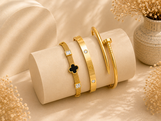 Luxury Gold-Plated Bracelet Set of 3 – Cartier, Nail & Clover Chain Bracelets