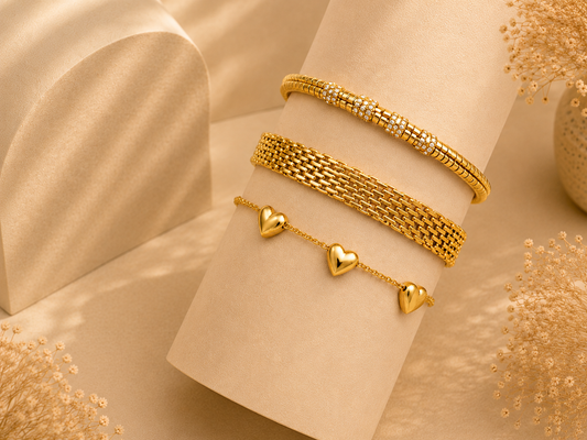 Luxury Gold-Plated Bracelet Set of 3 – Snake Chain, Woven Chain & Heart Charm