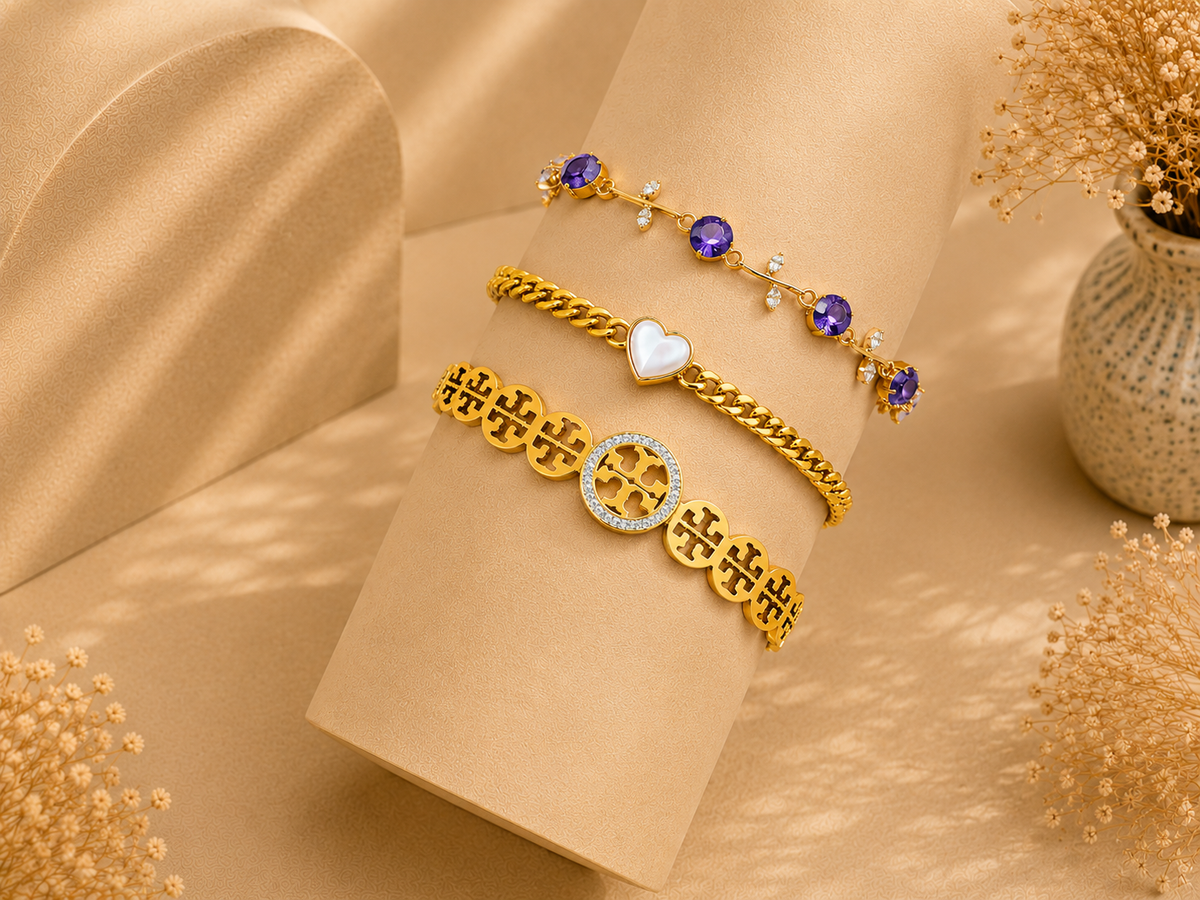 Luxury Gold-Plated Bracelet Set of 3 – Tulip, Heart Chain & Iconic Logo Bracelets
