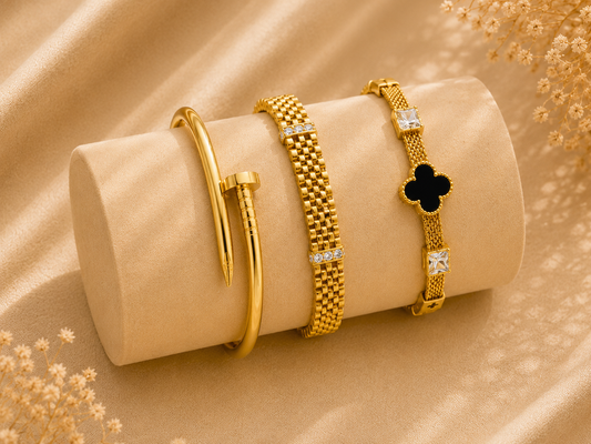 Luxury Gold-Plated Clover Bracelet with Black Charm & Crystal Accents