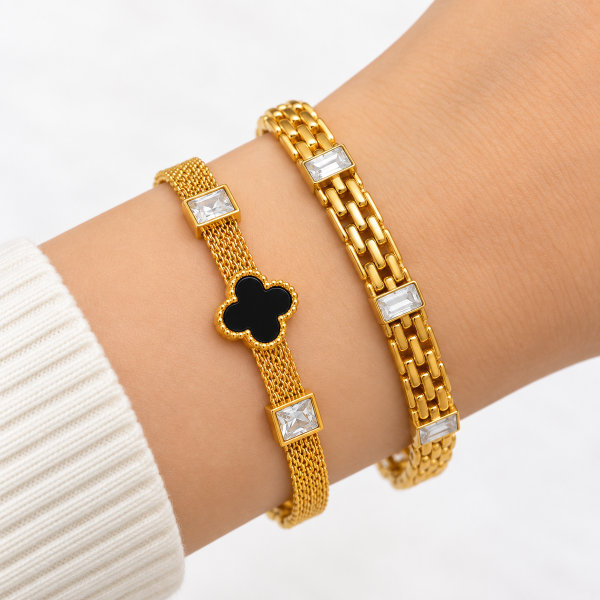 Clover & Beaded Gold Bracelet Set – Set of 2 Gold platted