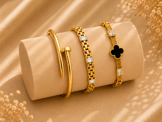 Luxury Gold-Plated Clover Bracelet with Black Charm & Crystal Accents